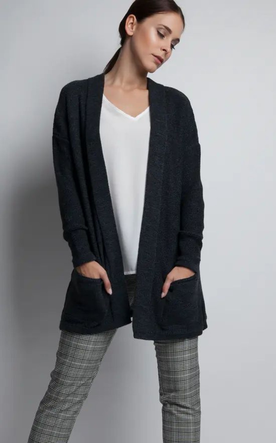 Knitwear * | Deals Mkm Knitwear Design Loose Cardigan In Pockets In Graphite