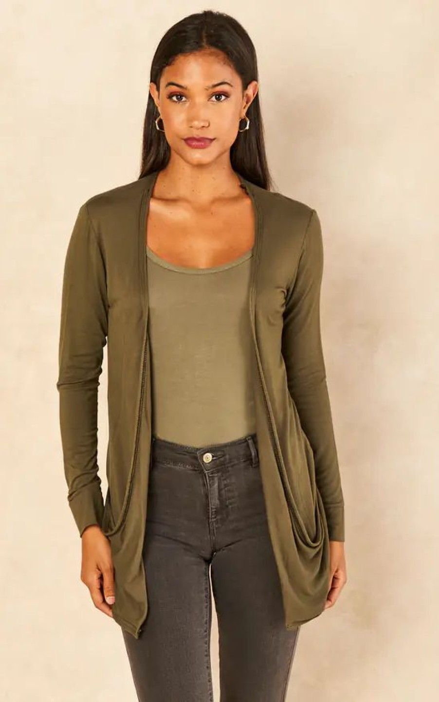 Knitwear * | Outlet Aftershock London Boyfriend Jersey Cardigan With Pockets In Khaki