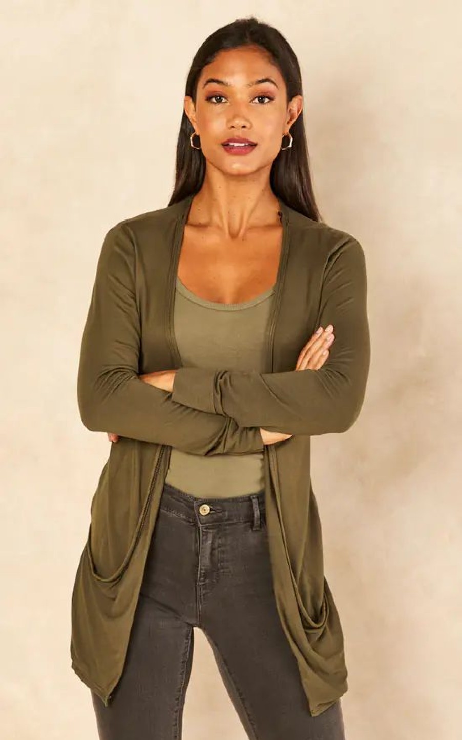 Knitwear * | Outlet Aftershock London Boyfriend Jersey Cardigan With Pockets In Khaki