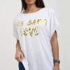 Tops * | Buy Oops Fashion Plus Eli White Relaxed Fit Batwing Tshirt With Gold Slogan Print