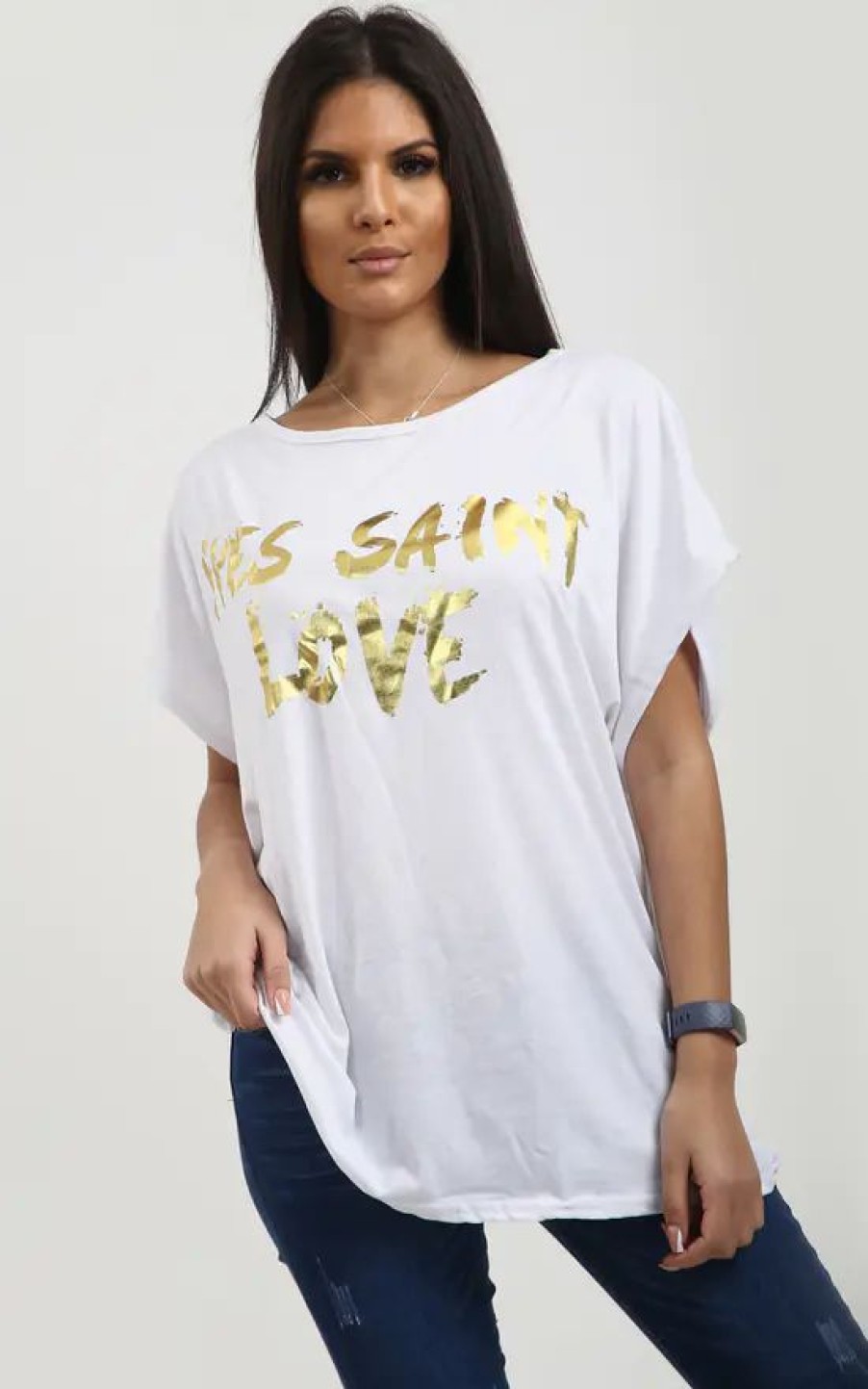 Tops * | Buy Oops Fashion Plus Eli White Relaxed Fit Batwing Tshirt With Gold Slogan Print