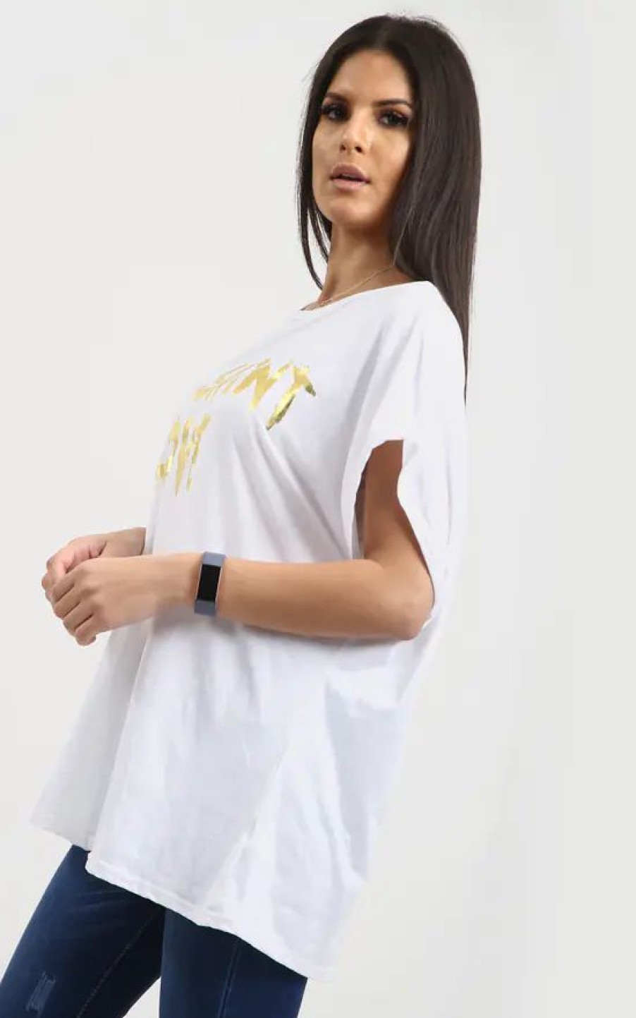 Tops * | Buy Oops Fashion Plus Eli White Relaxed Fit Batwing Tshirt With Gold Slogan Print