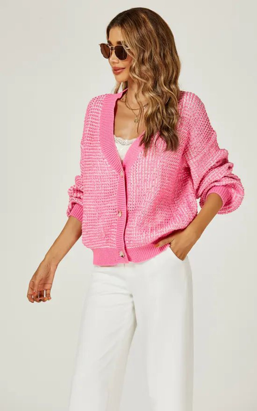 Knitwear * | Budget Fs Collection Boucle Check Cardigan In Pink