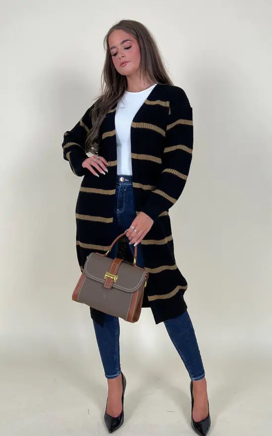 Knitwear * | Promo Girl In Mind Claire Black & Camel Striped Cardigan