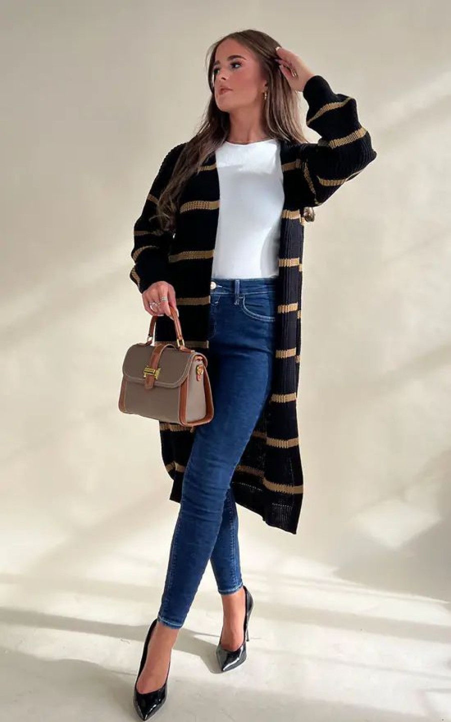 Knitwear * | Promo Girl In Mind Claire Black & Camel Striped Cardigan