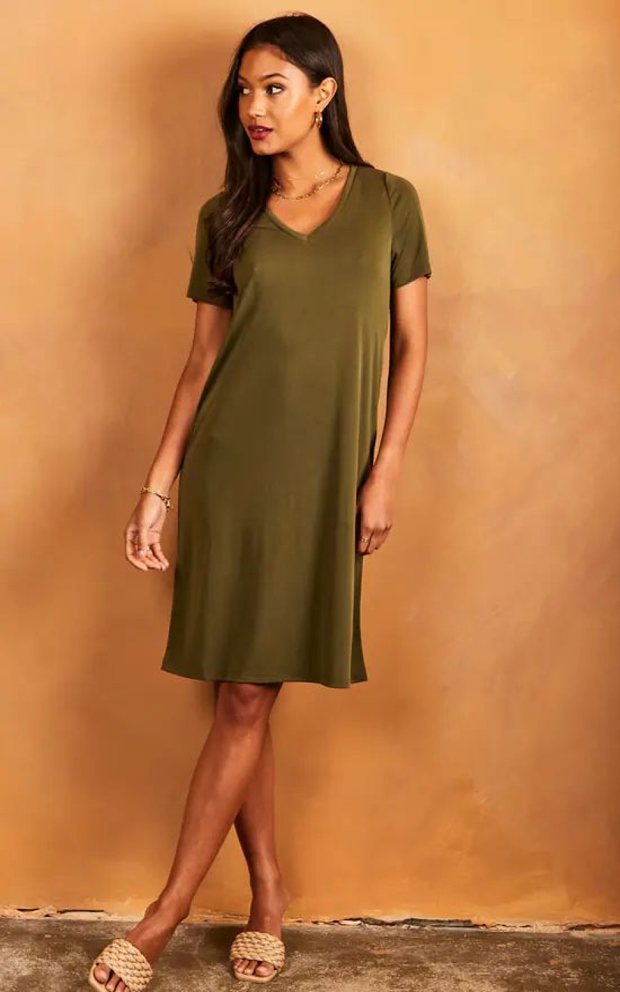 Dresses * | Promo Pieces V Neck T Shirt Dress In Khaki