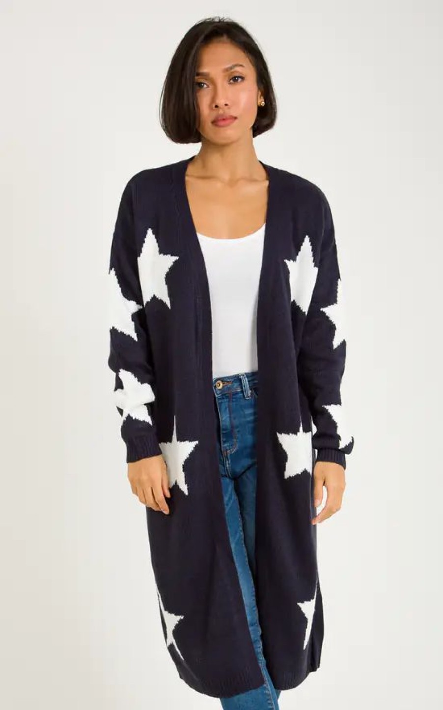 Knitwear * | Promo Krisp Star Pattern Navy Longline Open Cardigan