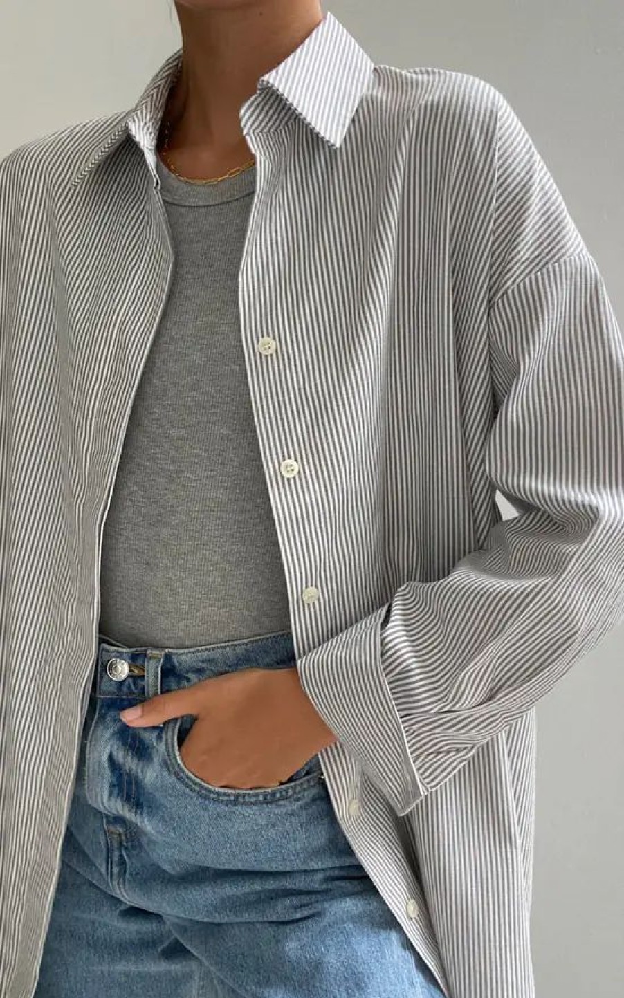 Tops * | Brand New Charli Long Sleeved Oversized Shirt In Grey And White Stripe