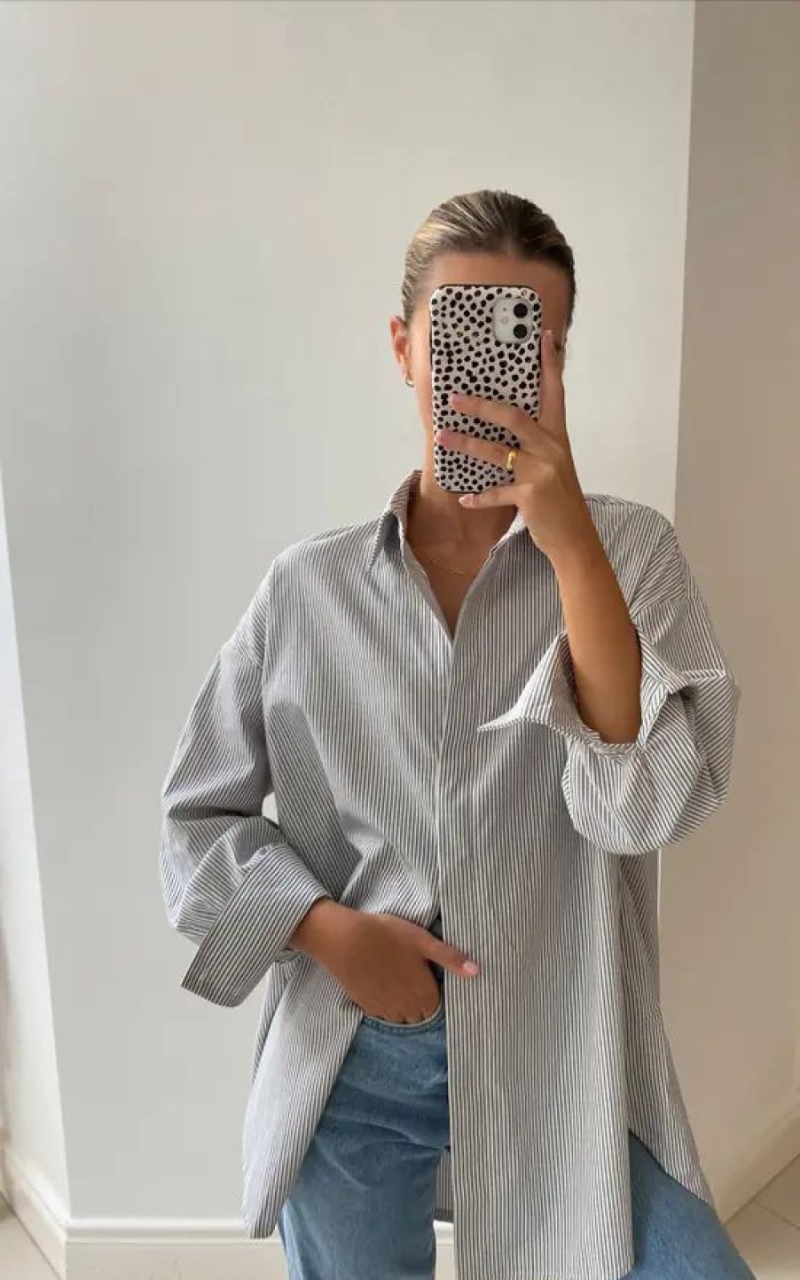 Tops * | Brand New Charli Long Sleeved Oversized Shirt In Grey And White Stripe