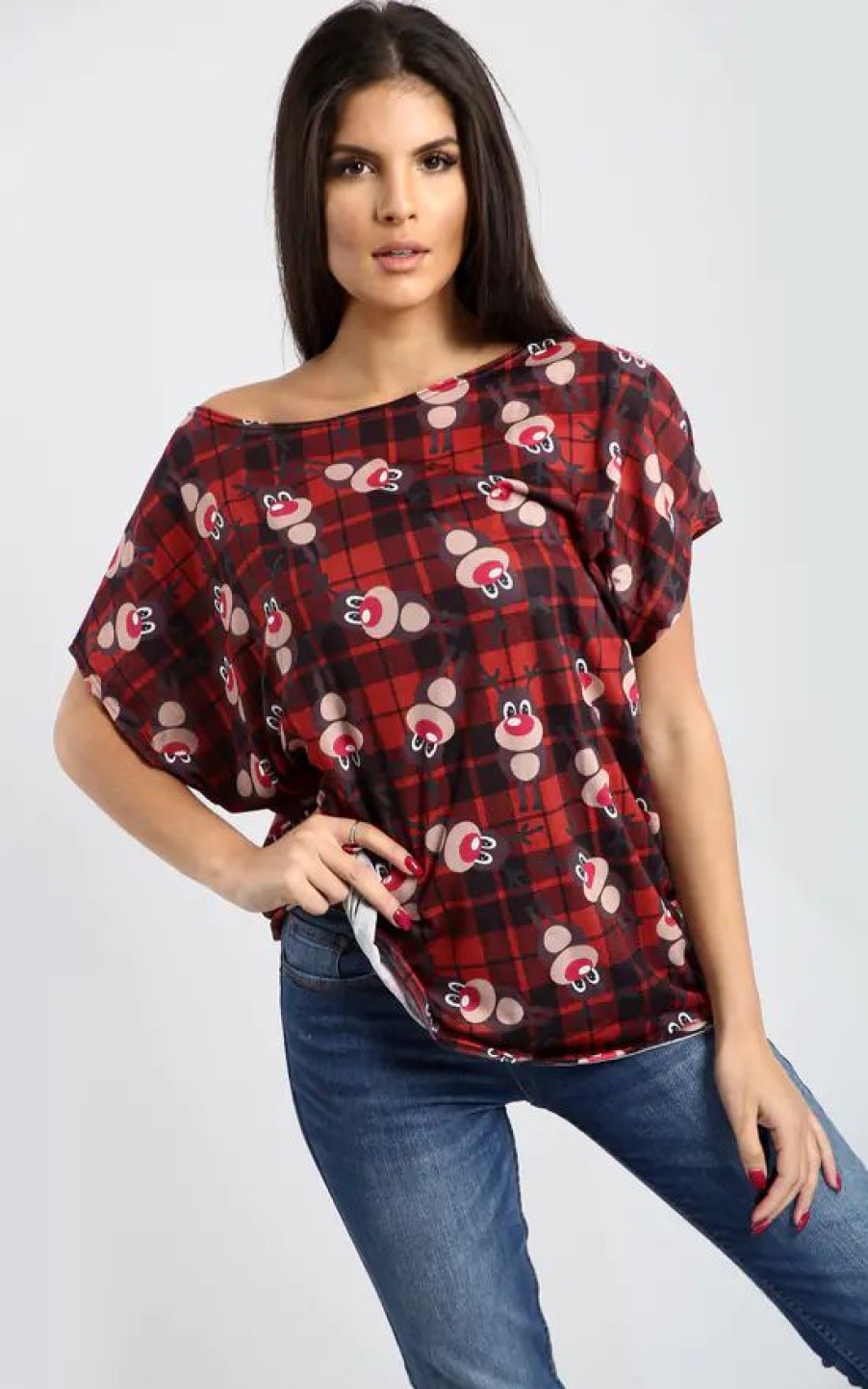 Tops * | Brand New Oops Fashion Eliza Christmas Batwing Top In Tartan Reindeer In Red