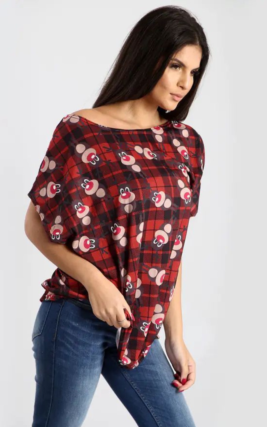 Tops * | Brand New Oops Fashion Eliza Christmas Batwing Top In Tartan Reindeer In Red