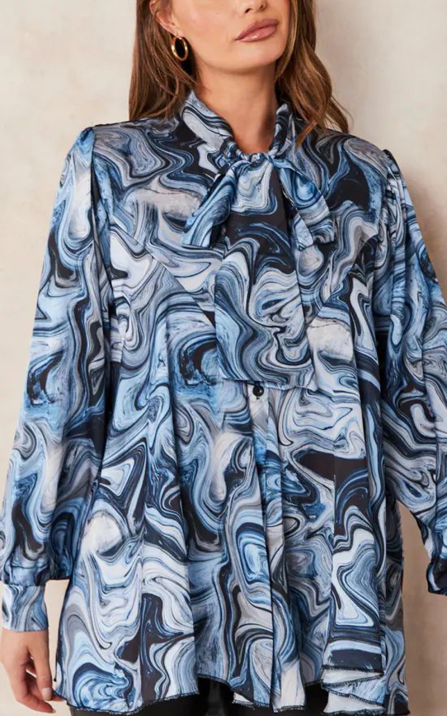 Tops * | Best Sale Jenerique Oversize Bowl Neck Blouse In Blue Abstract Print