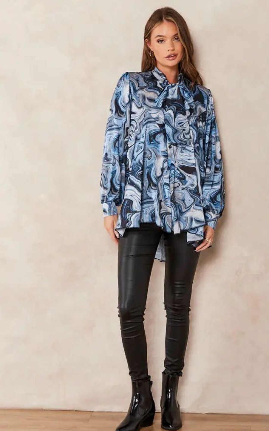 Tops * | Best Sale Jenerique Oversize Bowl Neck Blouse In Blue Abstract Print