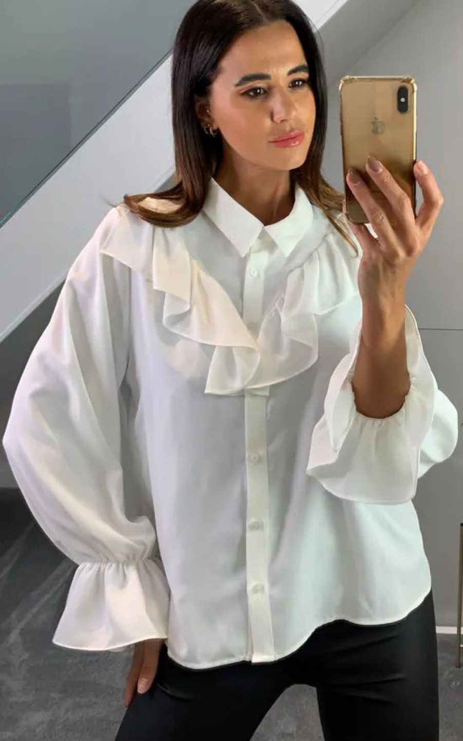 Tops * | New Hoxton Gal Ruffle Detailed Front With Ruffle Sleeves Shirt In White