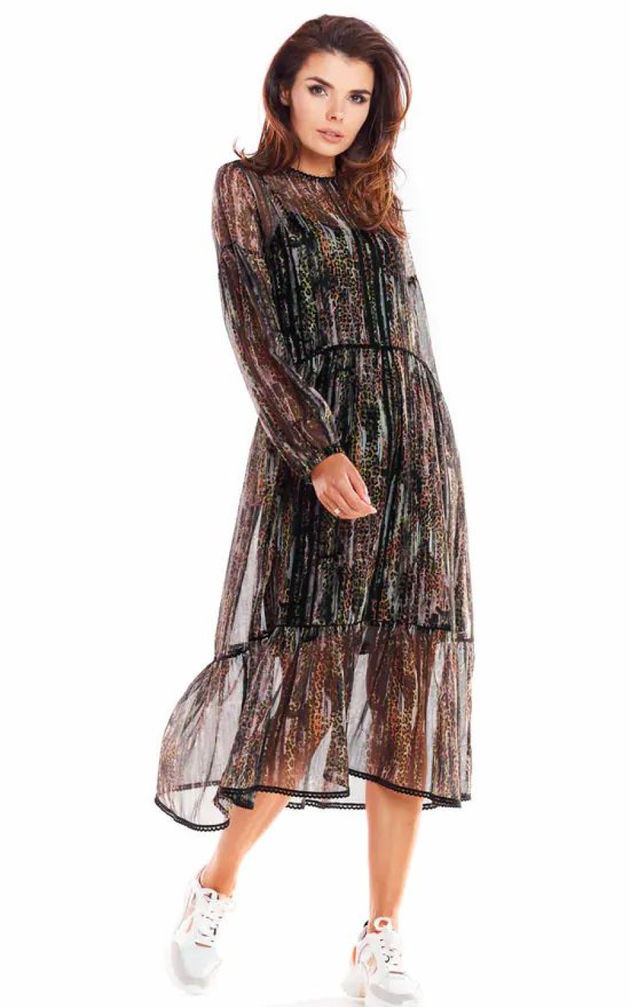 Dresses * | Brand New Awama Long Sleeve Oversized Midi Dress In Dark Animal Print