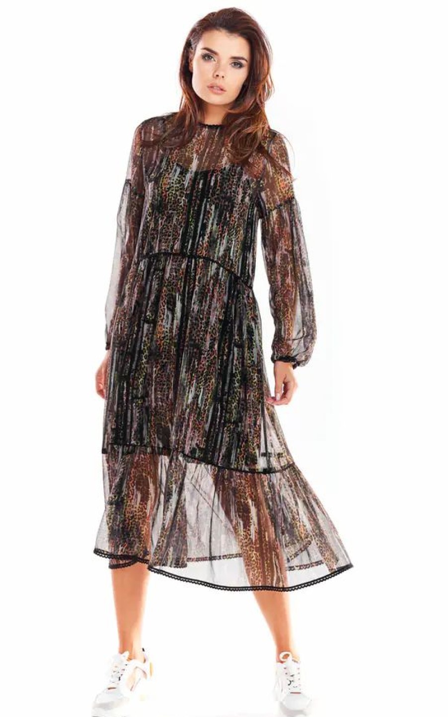 Dresses * | Brand New Awama Long Sleeve Oversized Midi Dress In Dark Animal Print