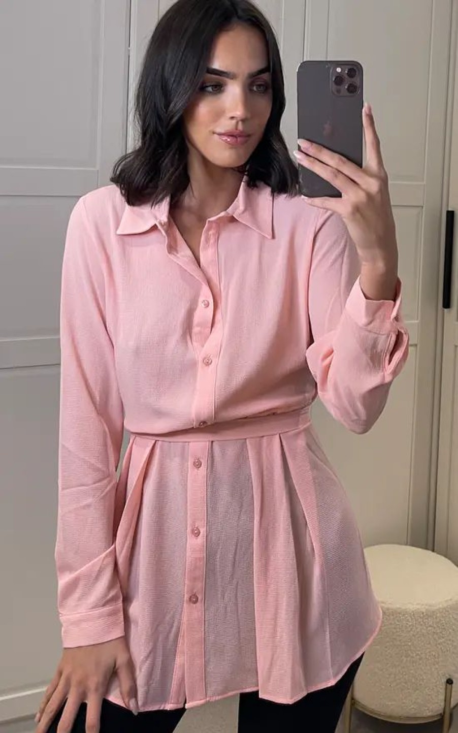 Tops * | Deals Hoxton Gal Oversized Long Slevees Pleated Shirt Top With Matching Belt In Pink