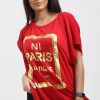 Tops * | Best Deal Oops Fashion Maisie Red Oversized Tshirt With Gold Foil Paris Slogan