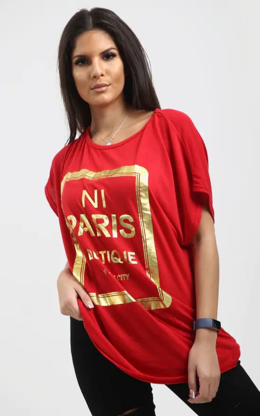 Tops * | Best Deal Oops Fashion Maisie Red Oversized Tshirt With Gold Foil Paris Slogan