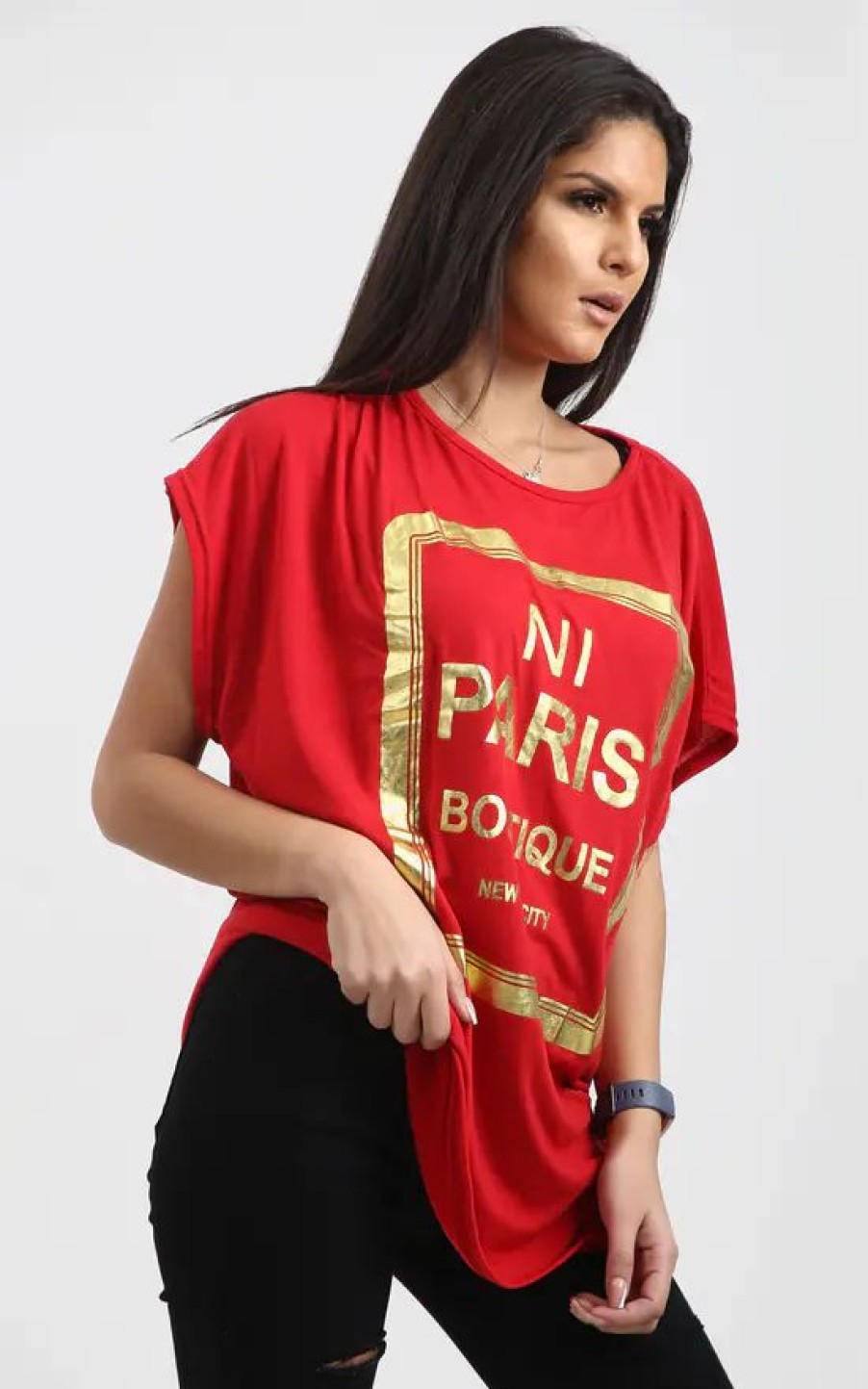 Tops * | Best Deal Oops Fashion Maisie Red Oversized Tshirt With Gold Foil Paris Slogan