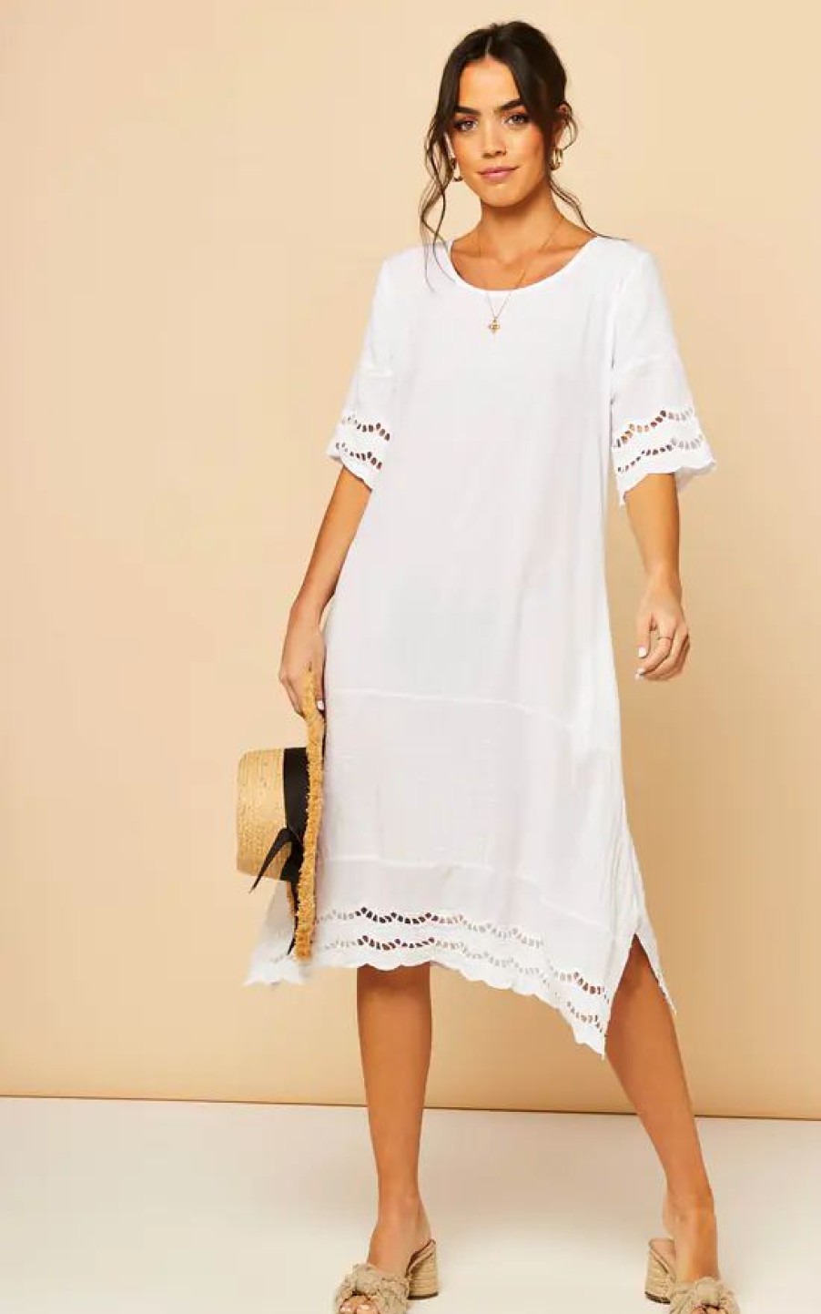 Dresses * | Coupon Bella And Blue Midi Dress With Broderie Detail In White