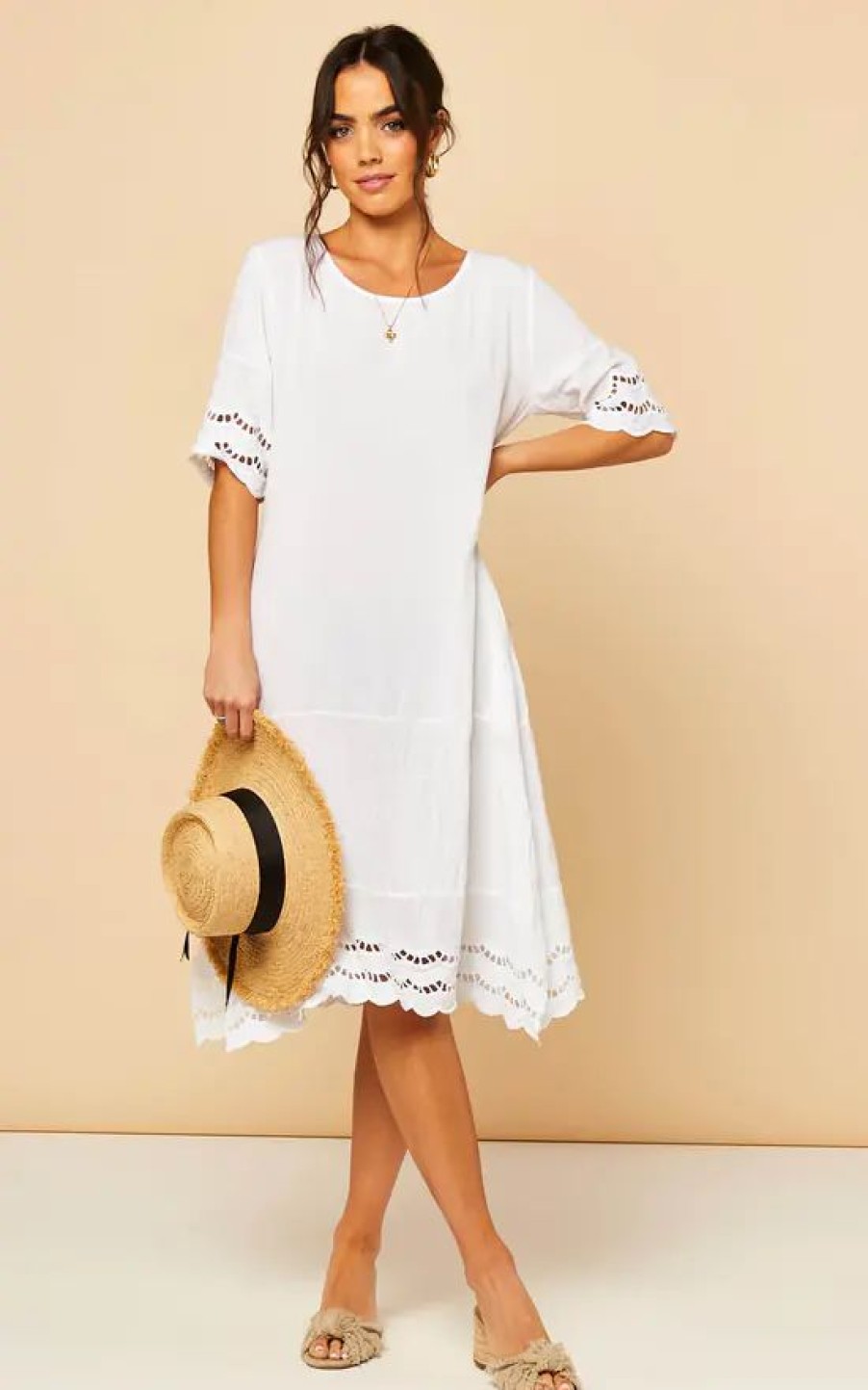 Dresses * | Coupon Bella And Blue Midi Dress With Broderie Detail In White