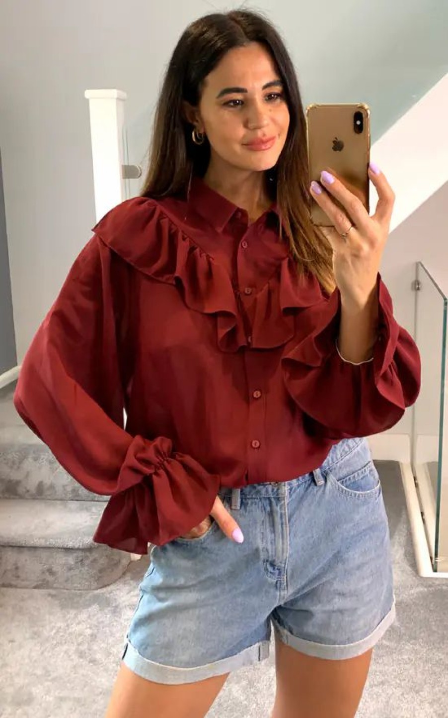 Tops * | Wholesale Hoxton Gal Oversized Frilled Front Shirt With Detailed Cuffs In Burgundy