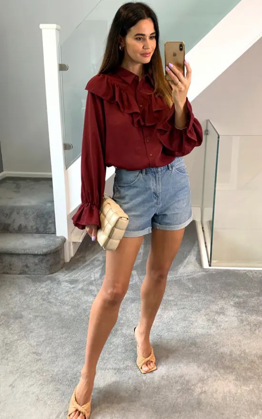 Tops * | Wholesale Hoxton Gal Oversized Frilled Front Shirt With Detailed Cuffs In Burgundy