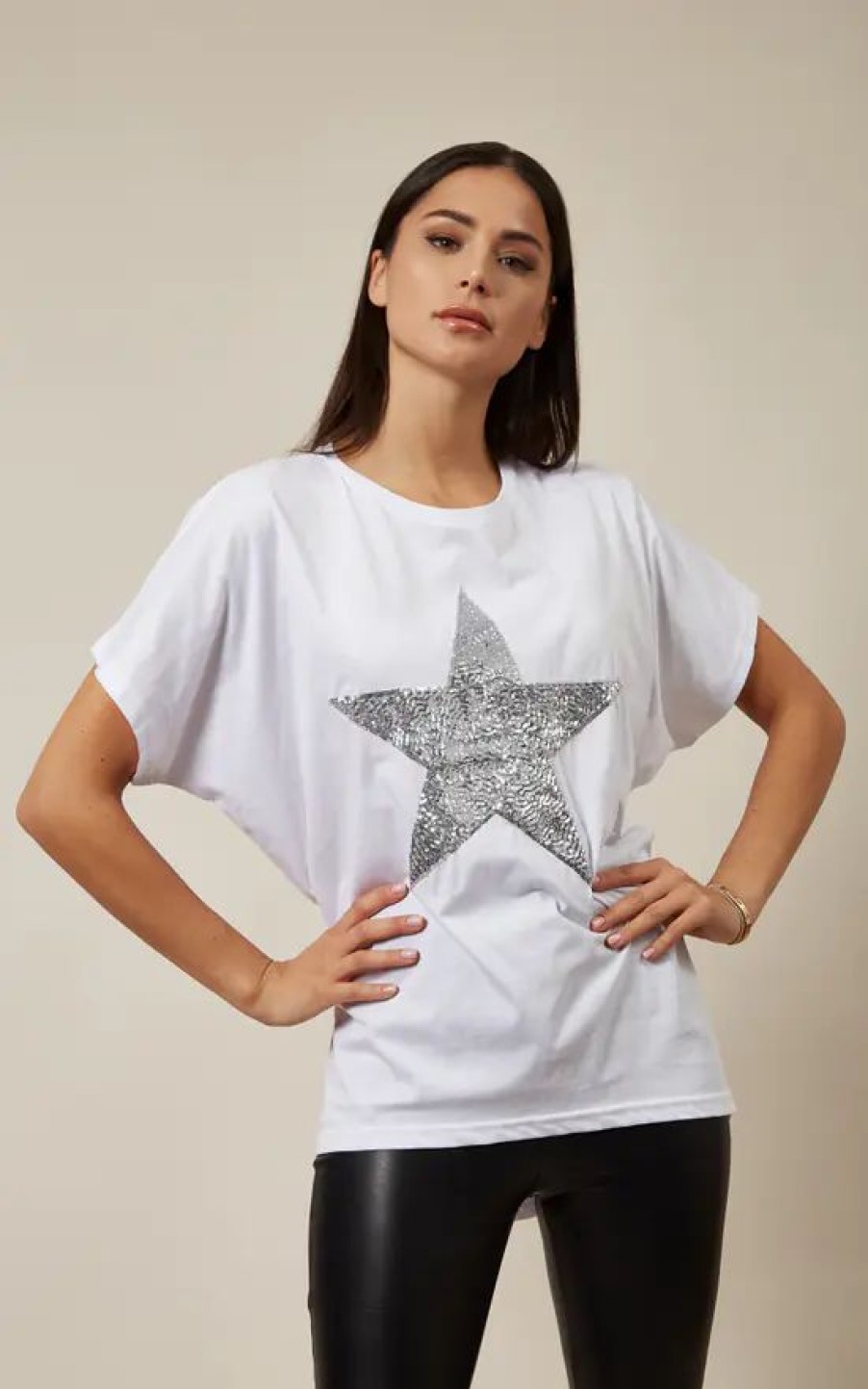 Tops * | Promo Hoxton Gal Sequin Star Top Relaxed Fit In White