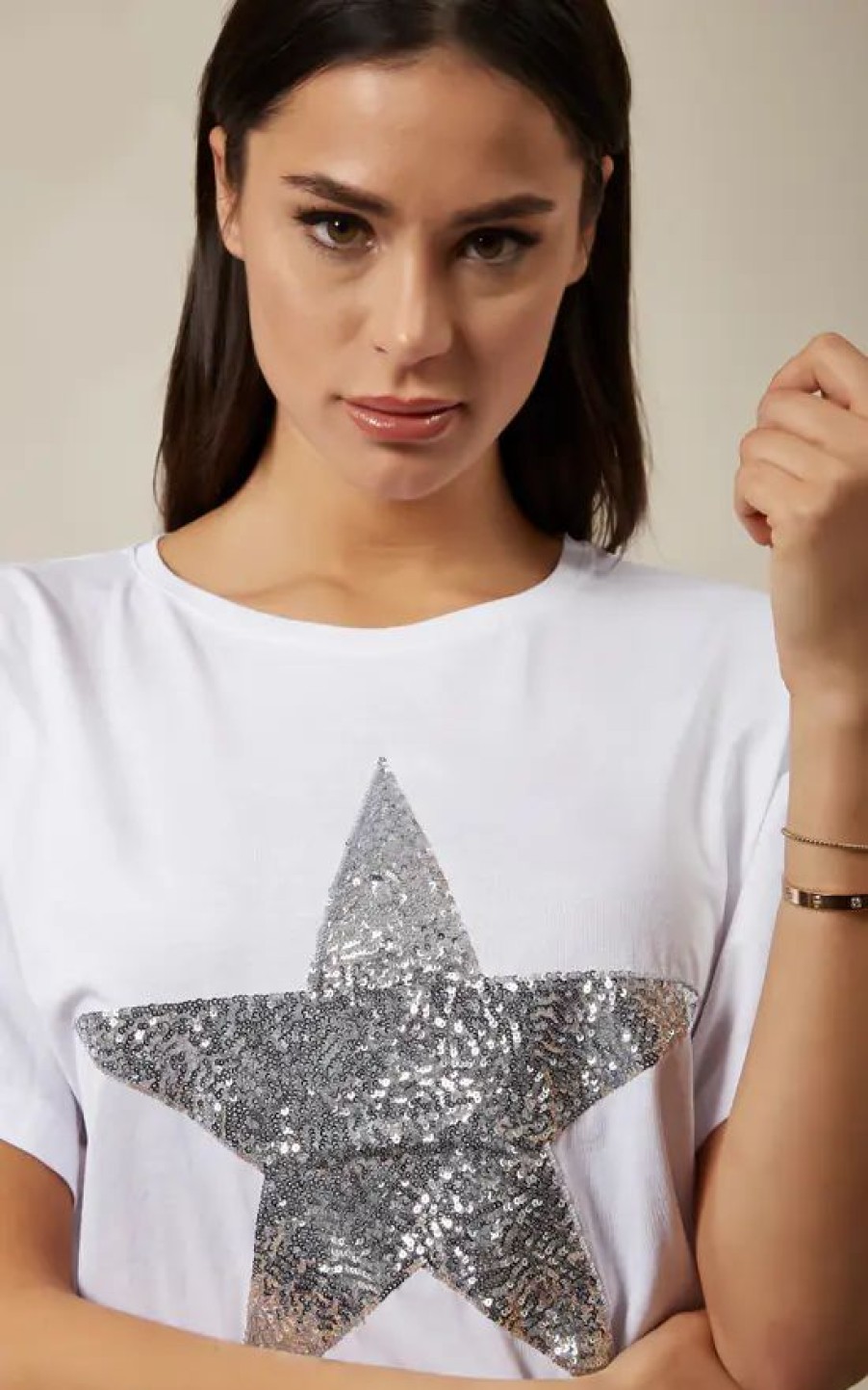 Tops * | Promo Hoxton Gal Sequin Star Top Relaxed Fit In White