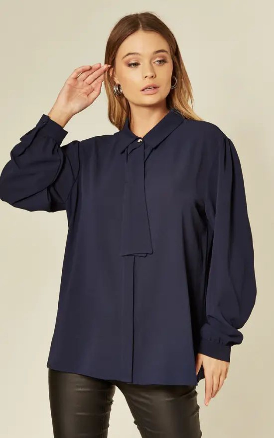 Tops * | Deals Hoxton Gal Navy Tie Neck Oversize Shirt