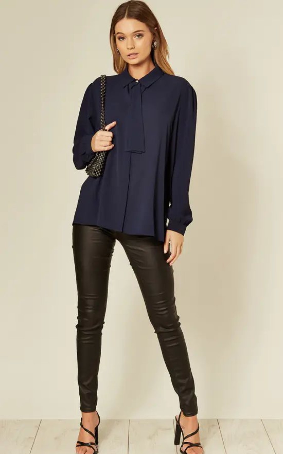 Tops * | Deals Hoxton Gal Navy Tie Neck Oversize Shirt