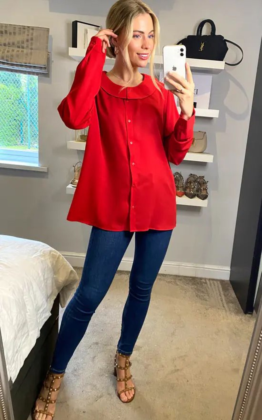 Tops * | Buy Hoxton Gal Long Sleeve Oversized Shirt In Red