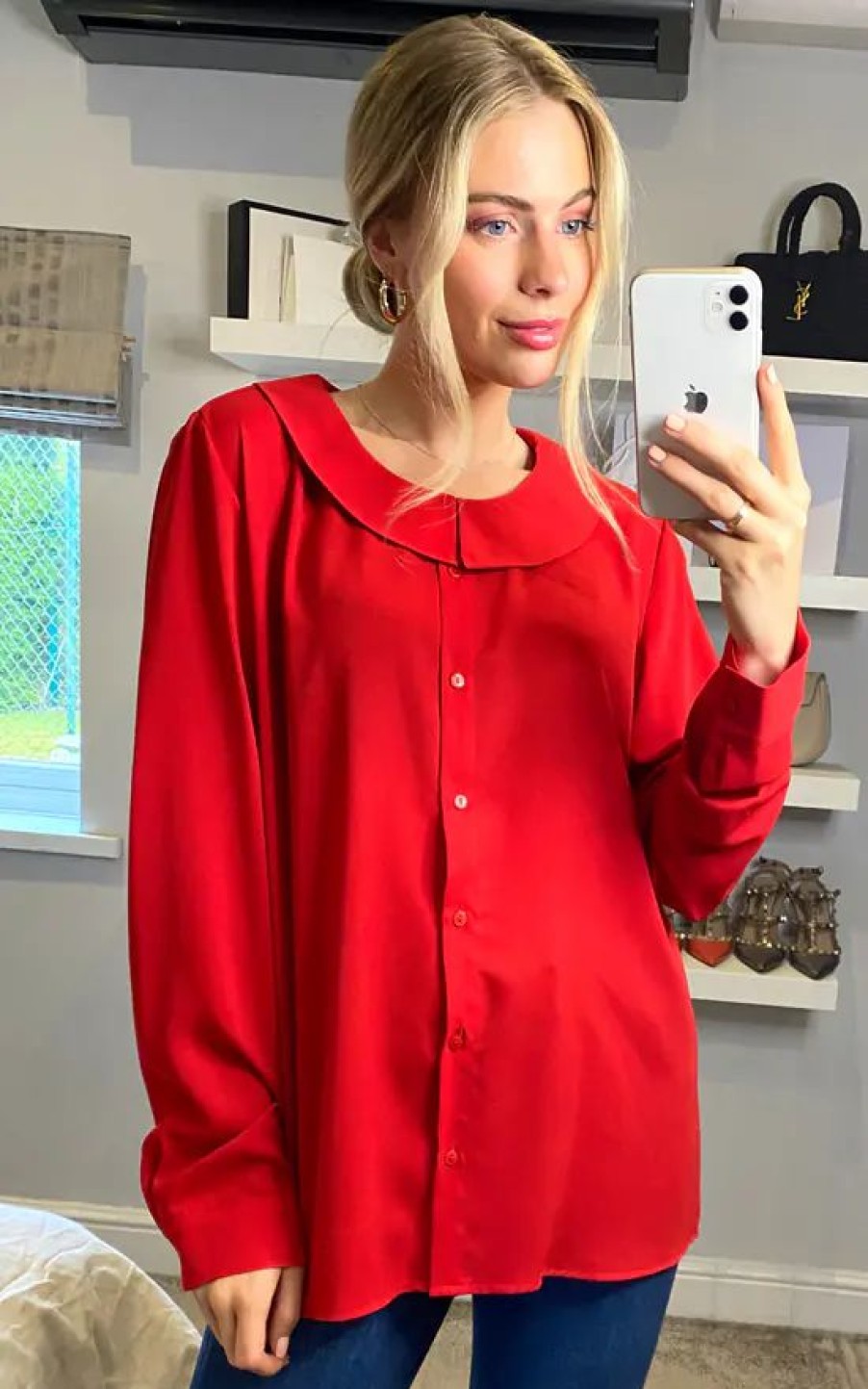 Tops * | Buy Hoxton Gal Long Sleeve Oversized Shirt In Red