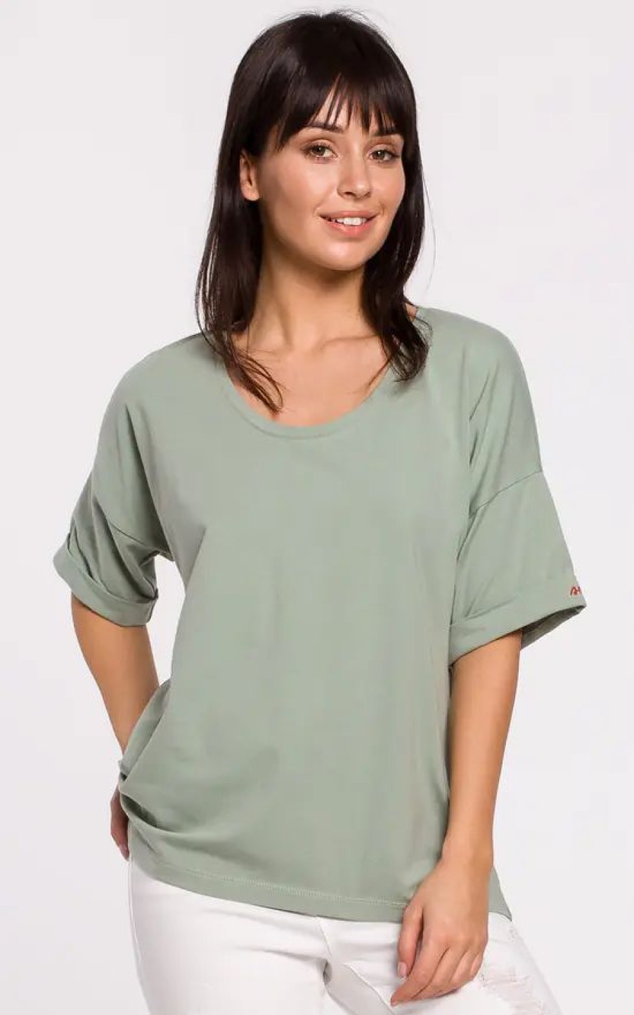 Tops * | Cheap Moe Green Oversized Tshirt With Embroidered Sleeve