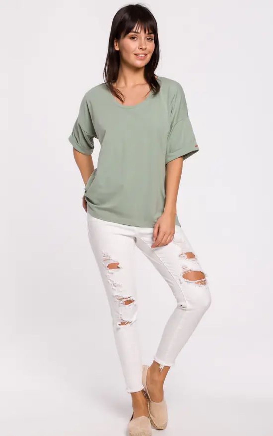 Tops * | Cheap Moe Green Oversized Tshirt With Embroidered Sleeve