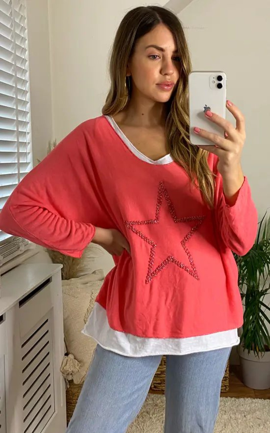 Tops * | Best Sale Kurt Muller Star Embellished Two Piece Top In Coral Pink