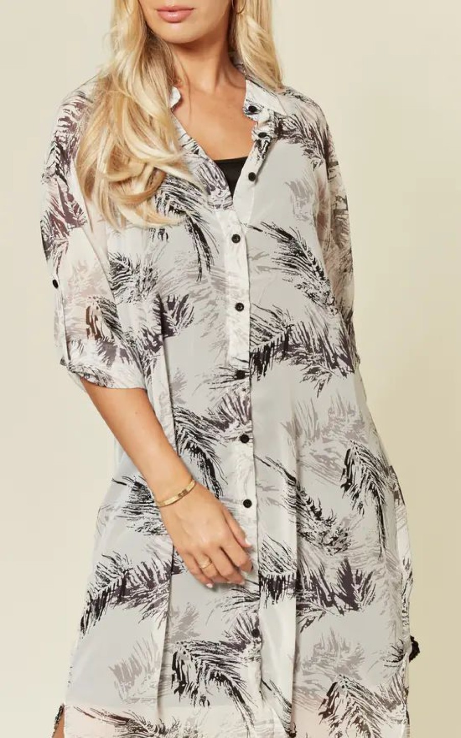 Tops * | Top 10 Cy Boutique Long Sleeve Chiffon Shirt In White And Black Feather And Leaf Print