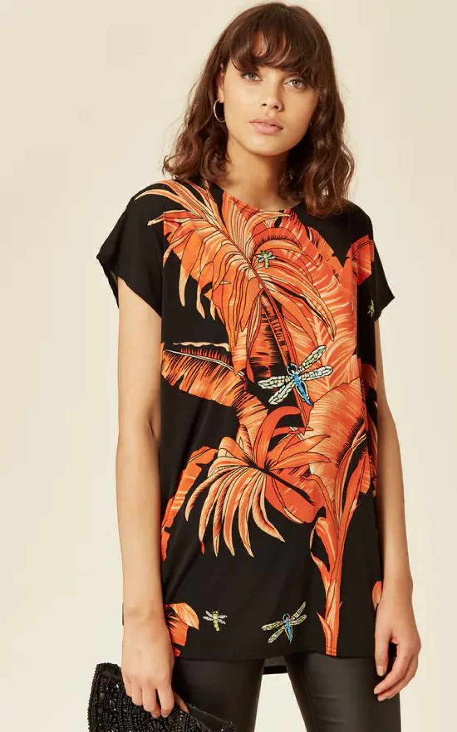 Tops * | New Cy Boutique Short Sleeve T Shirt With Orange Palm Leaf Design