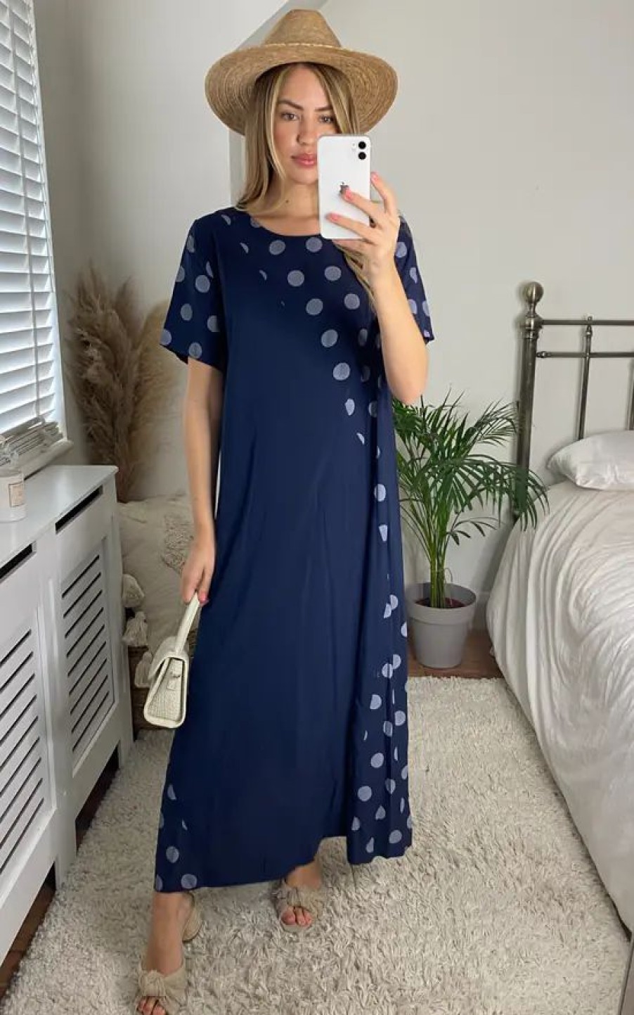 Dresses * | Coupon Bella And Blue Maxi Oversized T Shirt Dress In Navy Polka Dot