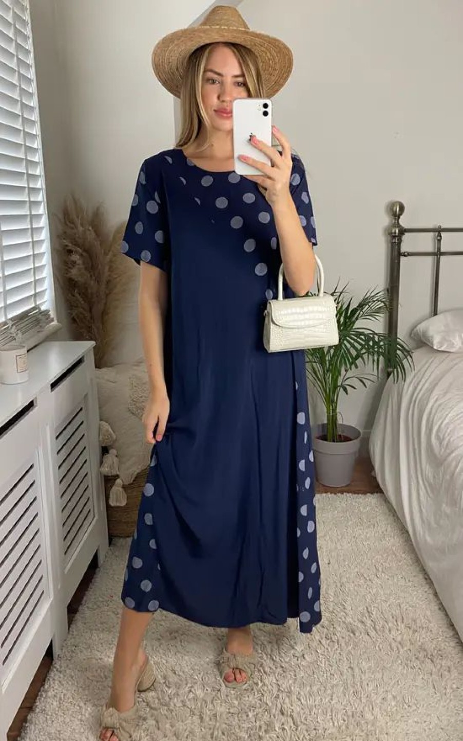 Dresses * | Coupon Bella And Blue Maxi Oversized T Shirt Dress In Navy Polka Dot