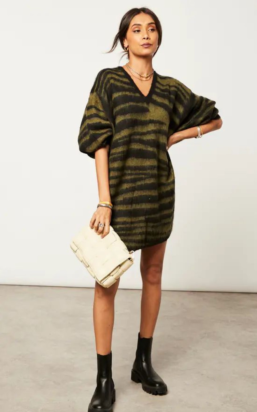 Dresses * | Budget Religion Oversized Fluffy Knitted Tunic Dress In Khaki And Black Large Animal Stripe