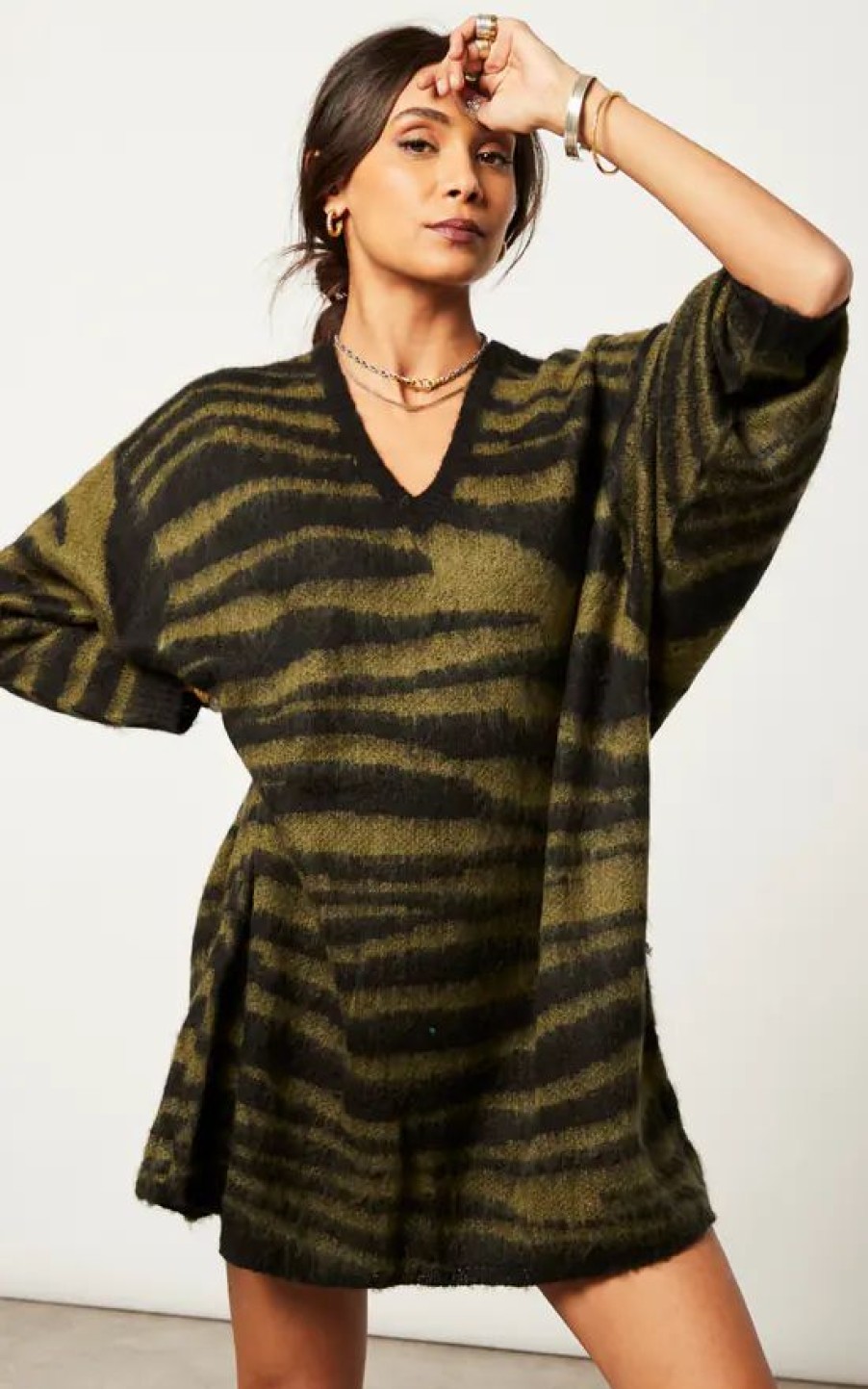 Dresses * | Budget Religion Oversized Fluffy Knitted Tunic Dress In Khaki And Black Large Animal Stripe