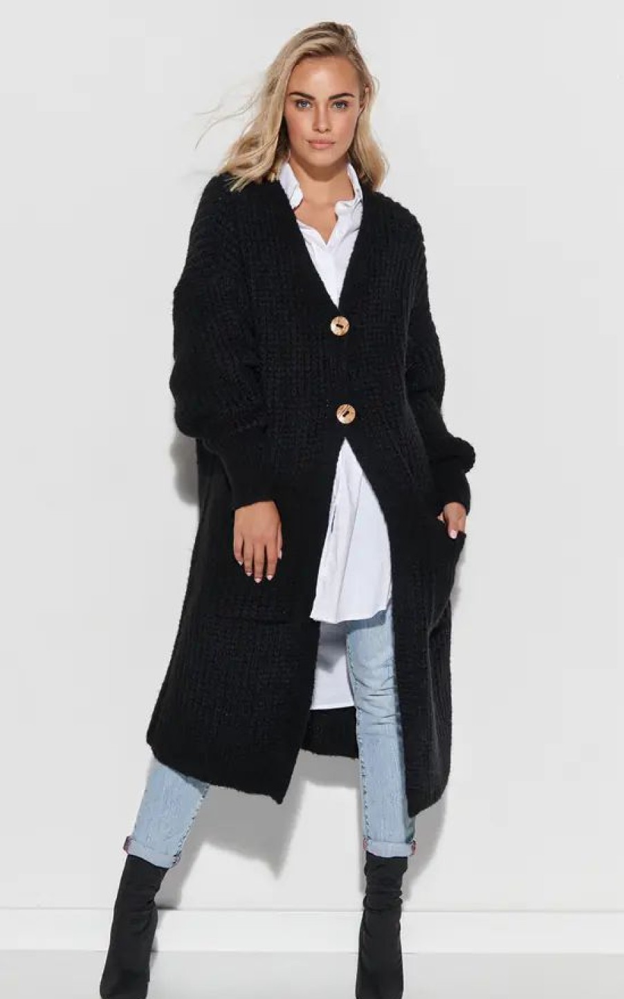 Knitwear * | Promo Makadamia Black Long Cardigan Fastened With Buttons