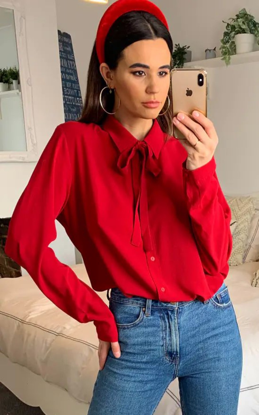 Tops * | Cheapest Hoxton Gal Tie Neck Oversized Crepe Top In Red