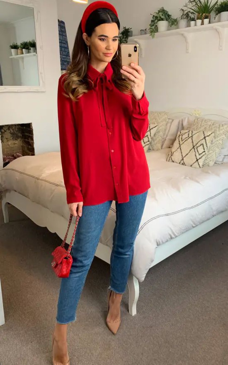 Tops * | Cheapest Hoxton Gal Tie Neck Oversized Crepe Top In Red