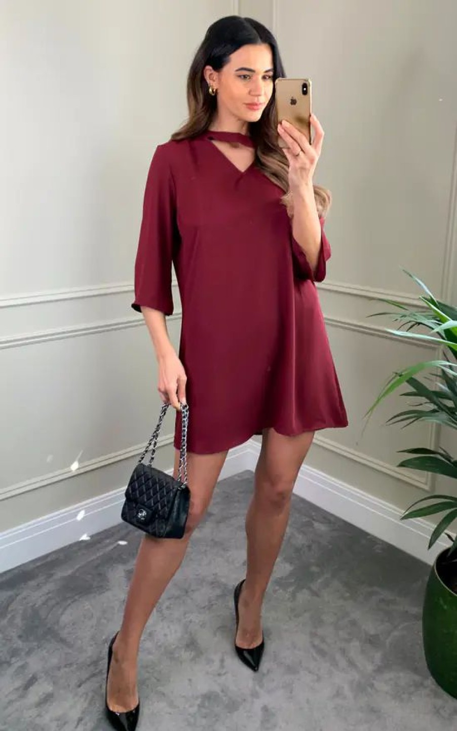 Dresses * | Budget Hoxton Gal Detailed Neckline Tunic With 3/4 Sleeves In Burgundy