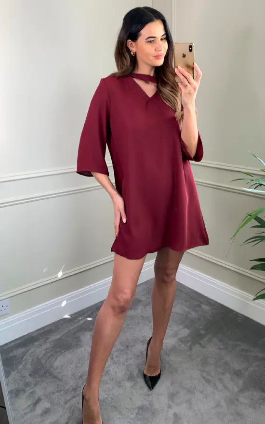 Dresses * | Budget Hoxton Gal Detailed Neckline Tunic With 3/4 Sleeves In Burgundy