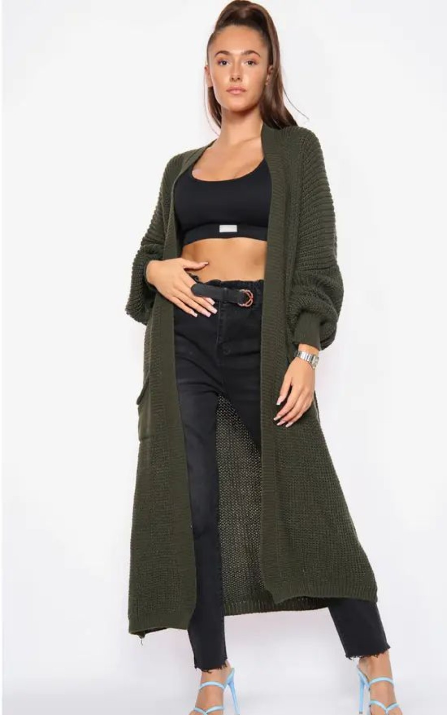 Knitwear * | Discount Gigiland Uk Khaki Bell Sleeve Oversized Longline Cardigan