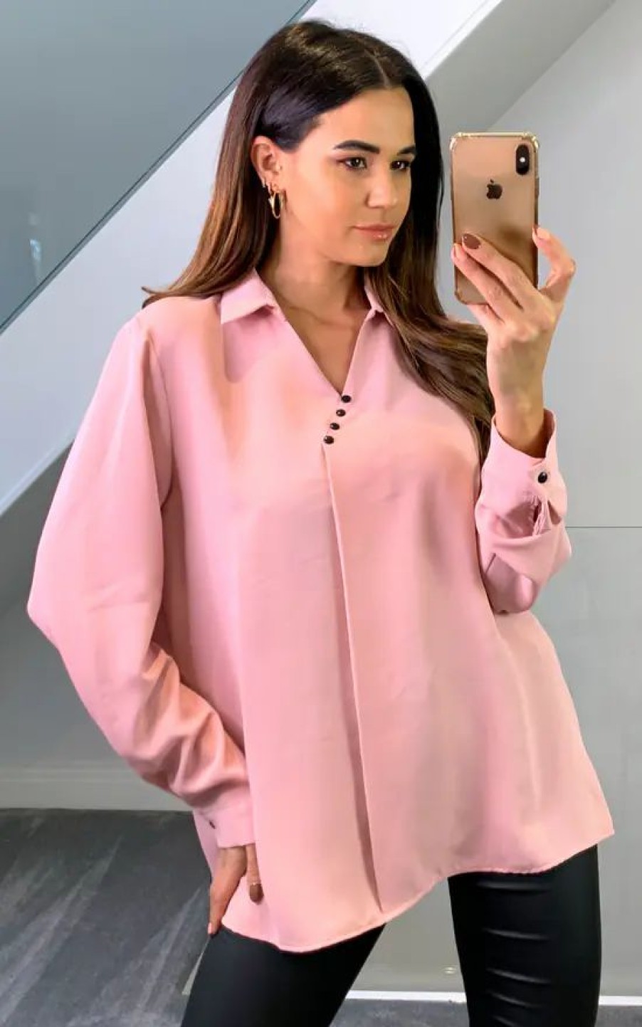 Tops * | Budget Hoxton Gal Oversized Collared Top With Button Details In Pink